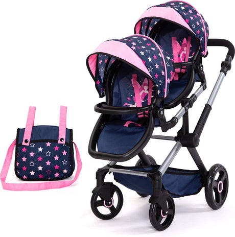 Bayer design - tvillingdukkevogn twin xeo, vogn, justerbart håndtag, taske, blå, pink, stjerner