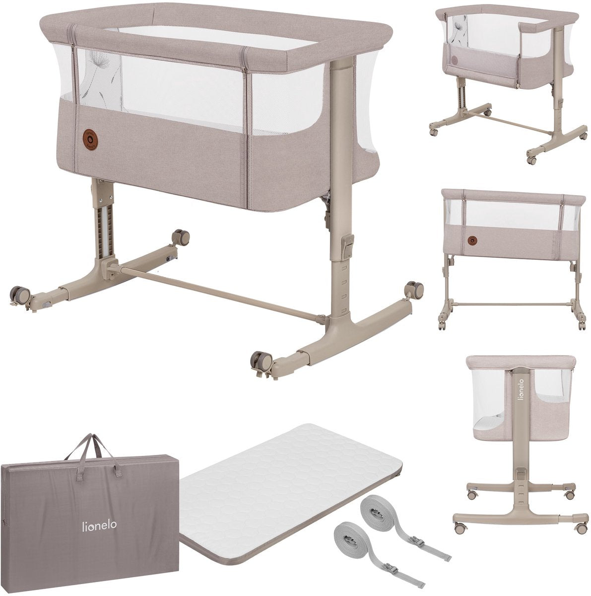 Lionelo aurora 3in1 co-sleeper - babyseng op til 9 kg - vokse-med-seng - 4 hjul med bremser - campingseng - justerbar højde - åndbart mesh - inklusive madras transporttaske - aftageligt betræk