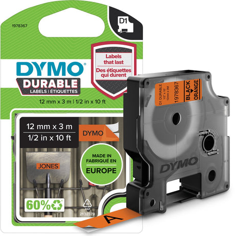 Dymo originale d1 holdbare etiketter | sort tekst på orange etiket | 12mm x 3m | selvklæbende labels til label manager label printer | lavet i europa