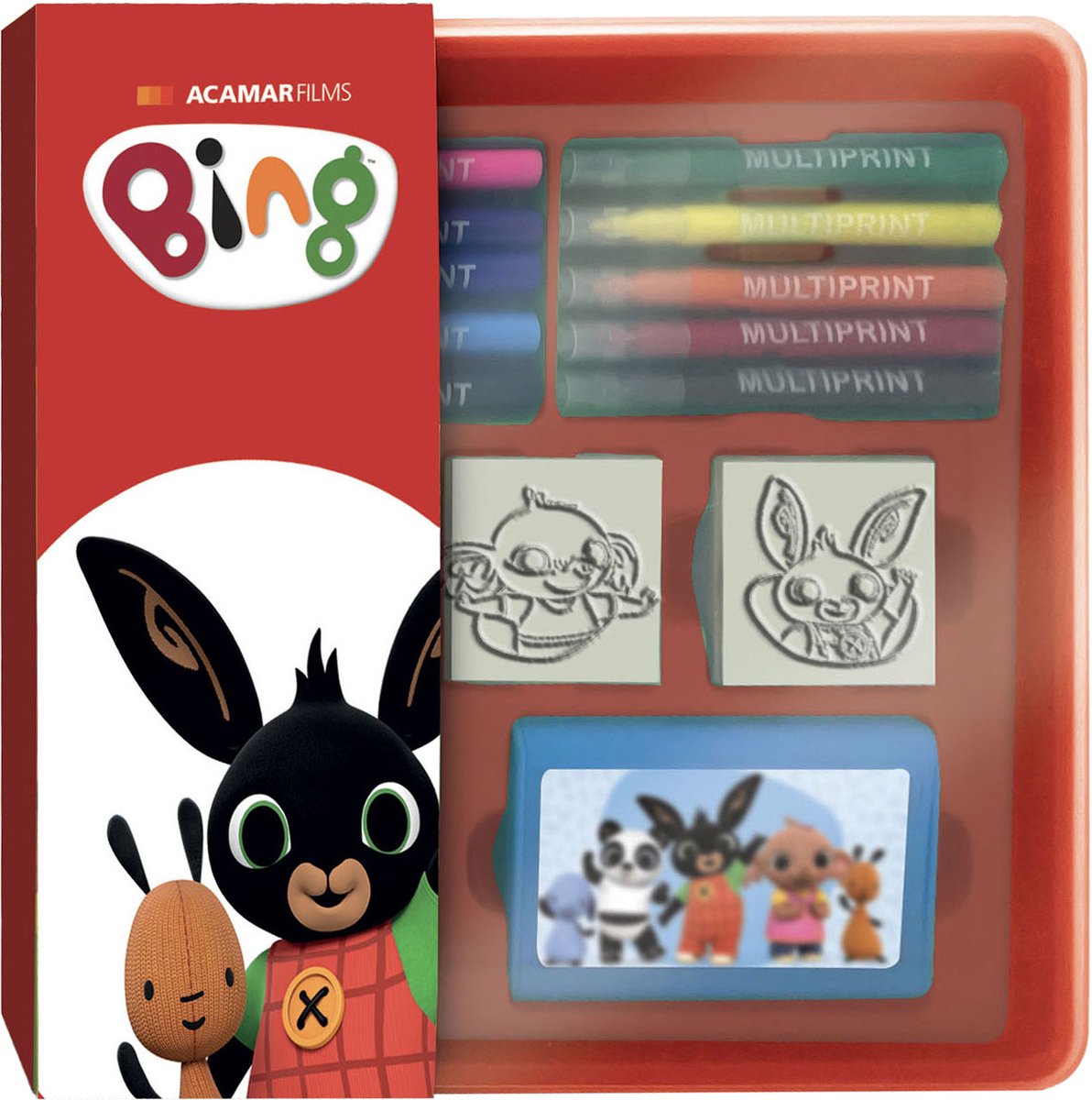 Multiprint bing-stempelsæt og tuschpenne i opbevaringsæske til børn.