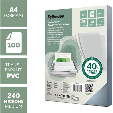 Fellowes PVC dækplader a4 gennemsigtige - 240 mikron - 100 styk - lavet af 40% genbrugsmateriale - til alle indbindingsmaskiner