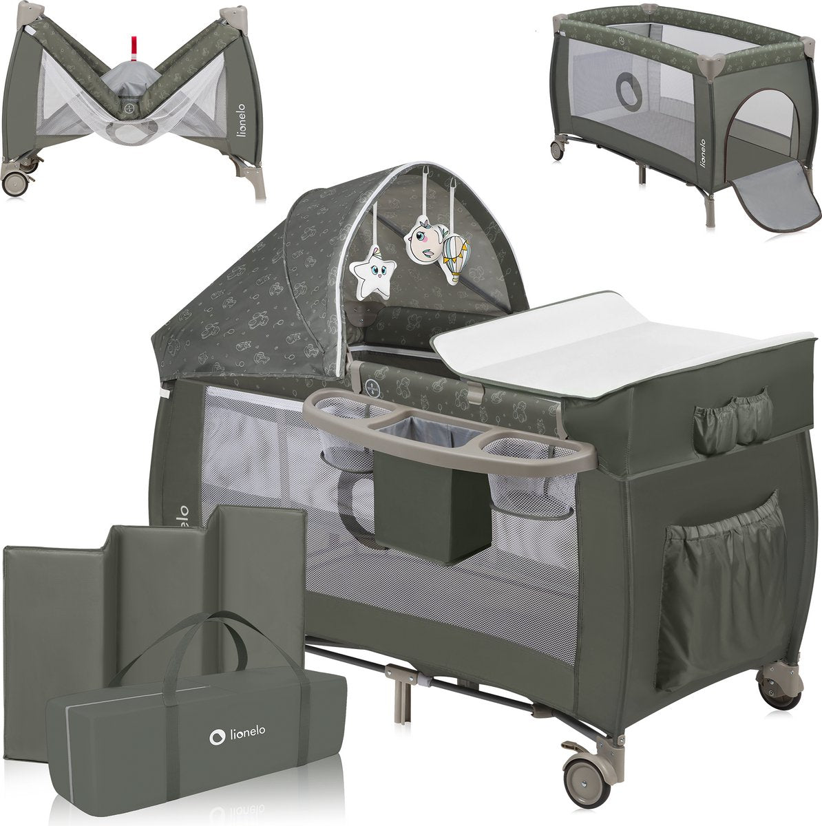 Lionelo sven plus 2i1 vokse-med campingseng - 127x60 cm - op til 15 kg - co-sleeper - rejseseng med puslebord, organisator, myggenet og interaktivt legetøj