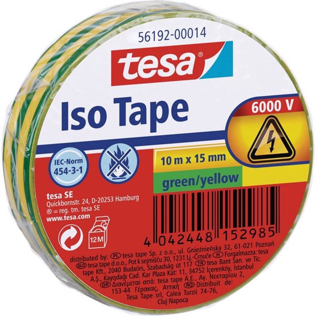 Tesa 56192-00014-22 isoleringstape grøn, gul (L x B) 10 m x 15 mm 1 stk.