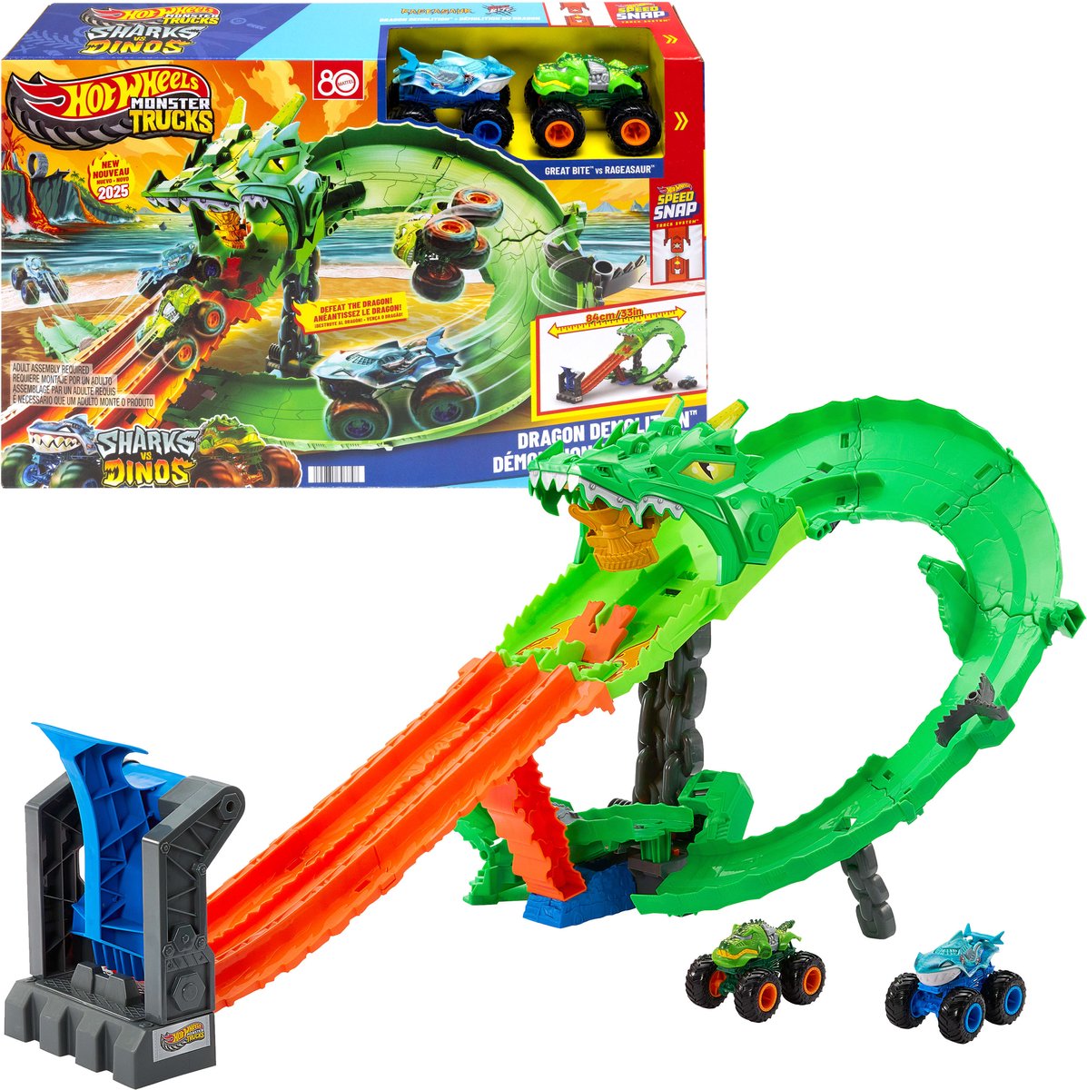 Hot Wheels Monster Trucks - Sharks vs. dino's dragon destruction legesæt og 2 legetøjslastbiler