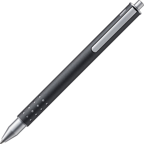 Lamy swift rollerball 334 antracit - lavet af rustfrit stål i mat lak finish - uden hætte med udtrækbar clips - inkl. refill m 66 b blå