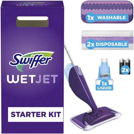 Swiffer wetjet startersæt alt-i-et moppesystem til hvert gulv - inklusive 2 engangsservietter + 1 vaskbar serviet + 500 ml rengøringsmiddel