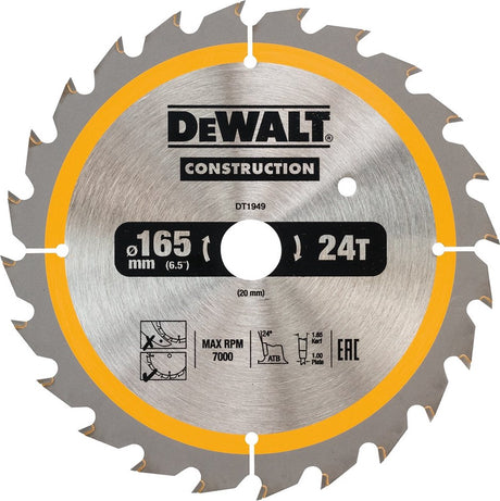 Dewalt dt1949-qz - cirkelzaagblad - 165mm - 24 tanden - 20mm asgat