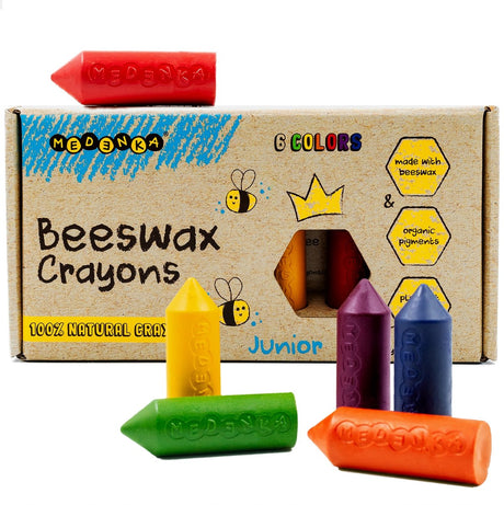 Medenka ® bivoks farveblyanter junior - miljøvenlige og sikre tegneblyanter til børn - lavet af ren bivoks - blødt greb til små hænder - levende farver - bæredygtig naturlig sammensætning