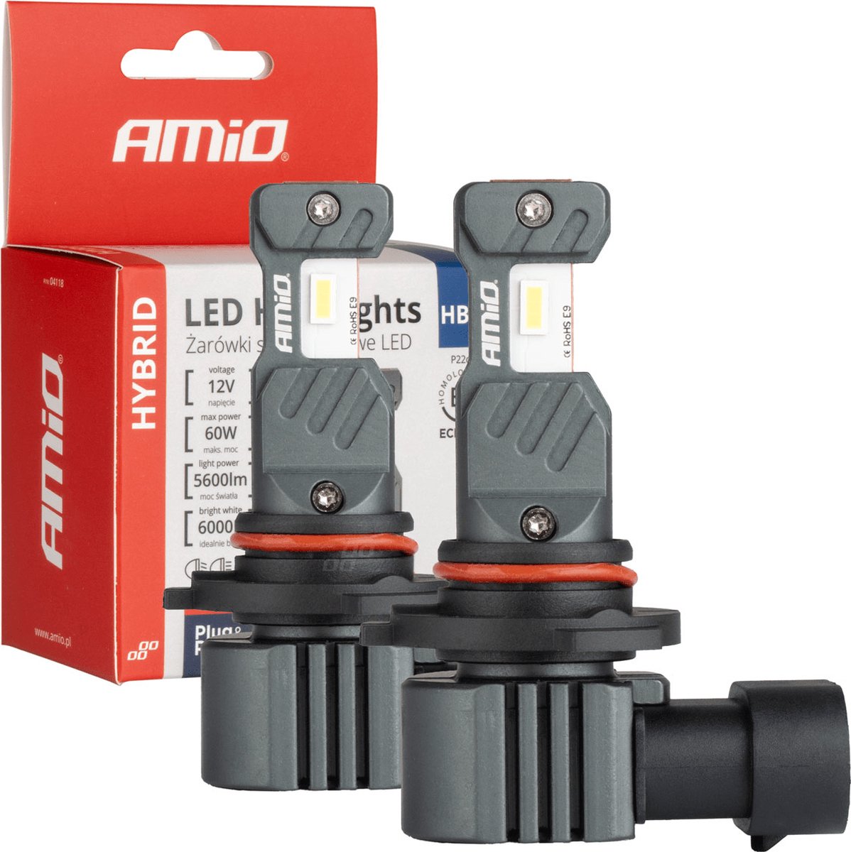 Amio LED HB4 forlygter tågelygter hybrid serie 9006 hvid 6000k - 5600lm canbus 60w