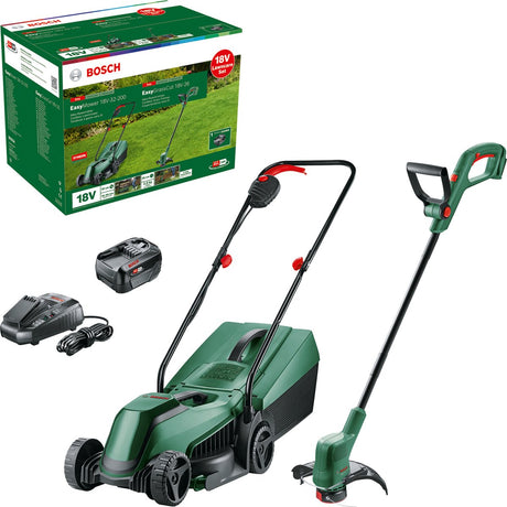 Bosch haveudstyr - 18v batteri plæneklipper og græstrimmer sæt, 1x 4,0 ah li-ion batteri, oplader 06008b9d02