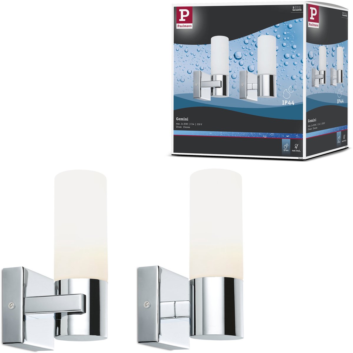 Paulmann led-spiegellamp gemini ip44 e14 230v max. 2x20w dimbaar chroom, satijn
