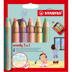Stabilo woody 3 i 1 pastel - multi talent farveblyanter - etui med 6 farver blyantspidser