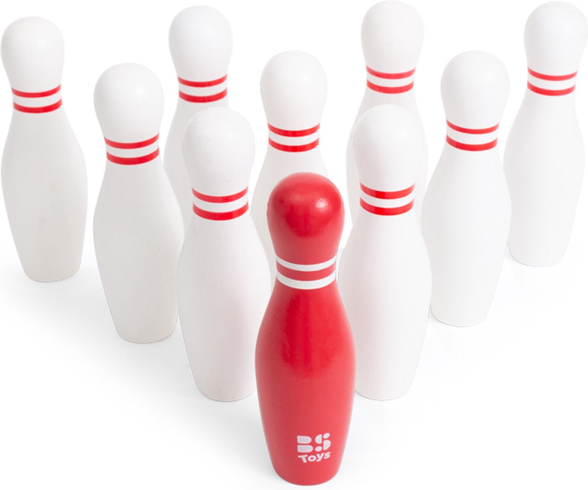 Bs legetøj bowling kegler spil - actionspil - bowling sæt børn - spil til børn - træ - børns legetøj 4 år - rød hvid - 10 kegler - børns legetøj - gave barn