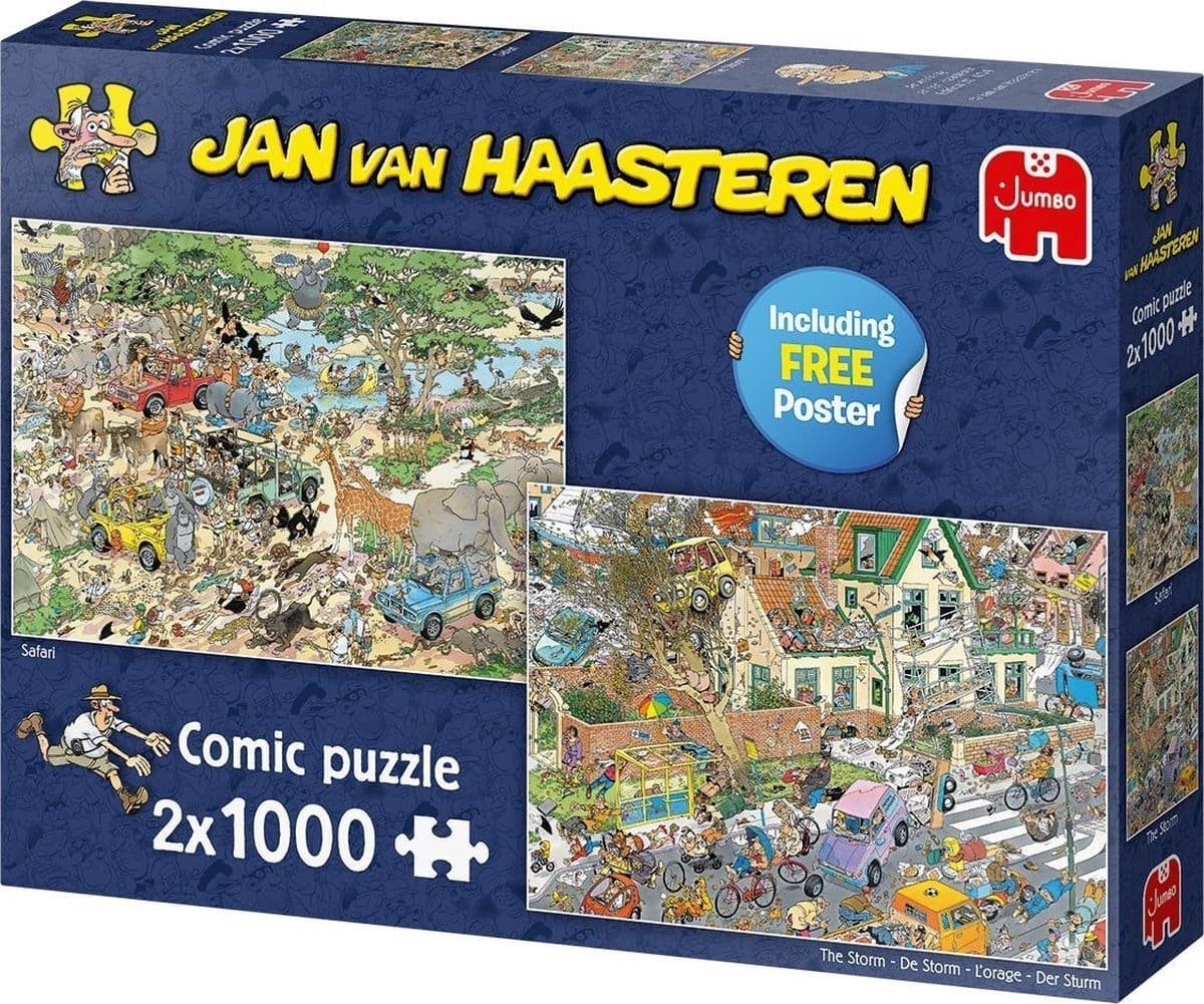 Jan van Haasteren - safari storm - 2-i-1 puslespil - 2 x 1000 brikker puslespil - puslespil