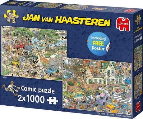 Jan van Haasteren - safari storm - 2-i-1 puslespil - 2 x 1000 brikker puslespil - puslespil