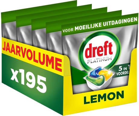 Dreft platin opvaskemaskine kapsler citron - svære udfordringer - fedtet filter - 5 x 39 stk.