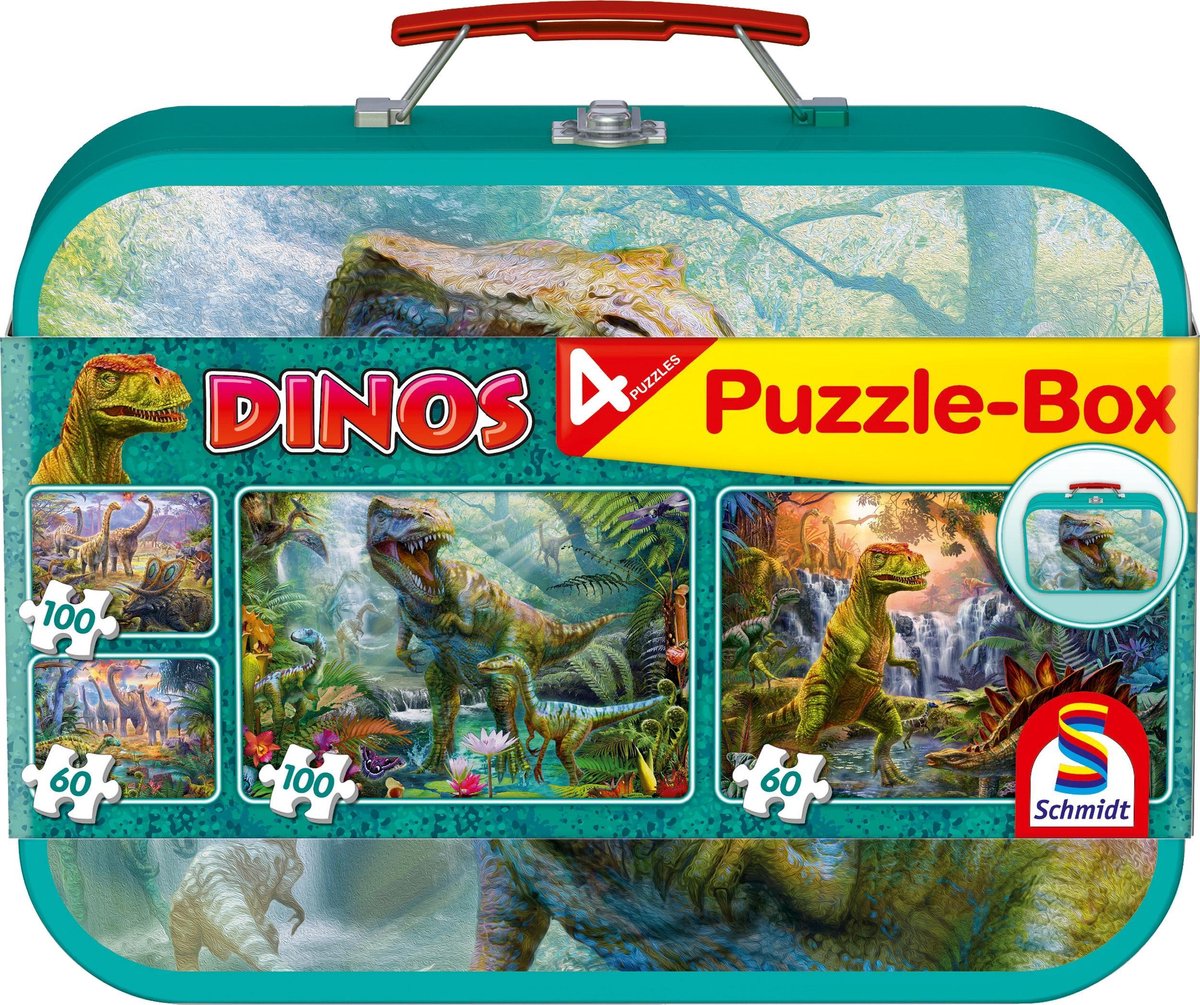 Schmidt - puslespil - dinosaurer, puslespilsæske, 2x60 2x100 brikker i metalkasse - børn - fra 6 år