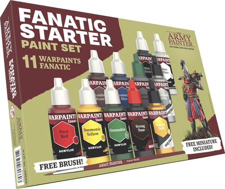 Army maleren warpaints fanatiker: startsæt, 11 farver: 7 akrylfarver, 2 metallics, 1 vask, 1 primer til påføring med pensel, 1 gratis miniaturefigur og startpensel