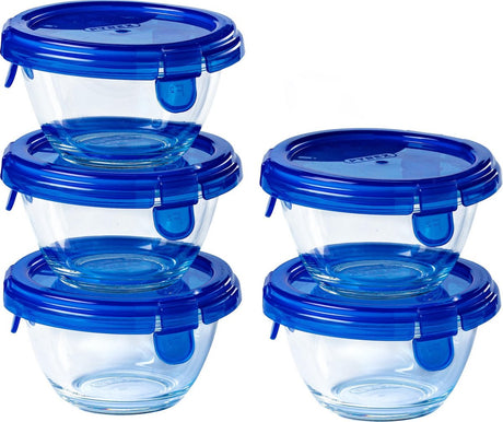 Pyrex - cook go skål rund med låg 200 ml sæt med 5 stykker - gennemsigtig blå