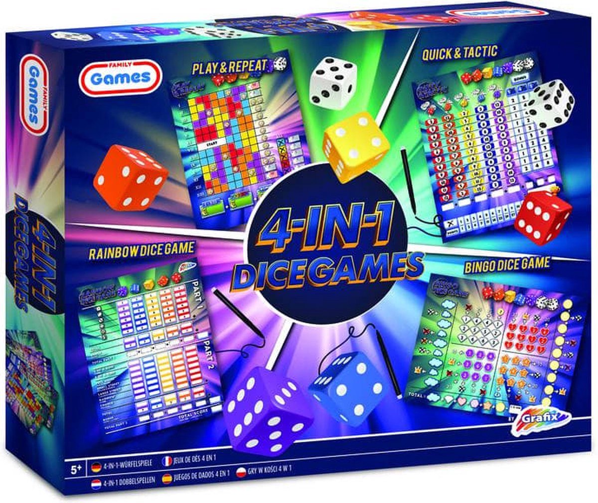Grafix 4-i-1 terningespil | brætspil for børn og voksne | kombination af taktik og held