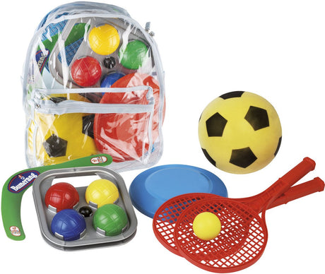 Androni camping sportssæt i taske - boomerang, en frisbee, et tennissæt (2 ketchere ø 21 cm med bold) og en blød bold