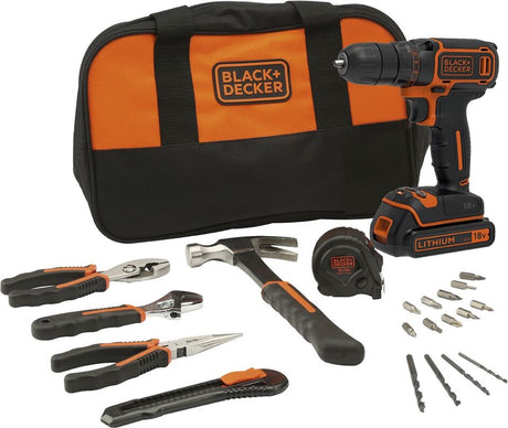 Black+decker bdcdc18htsa akku boremaskine, 18 v, inklusive 20-delt værktøjssæt og taske