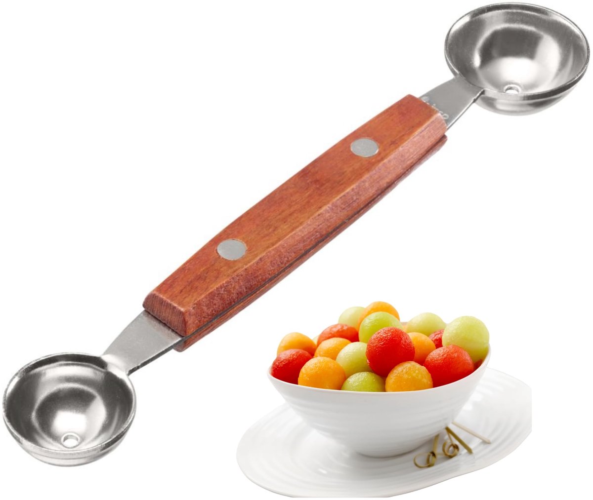 Westmark dobbeltsidet kugleskærer woody - lille kuglemaskine til melon, kiwi, andre frugter og grøntsager, samt til is, flødeost eller smør - rustfrit stål, træ