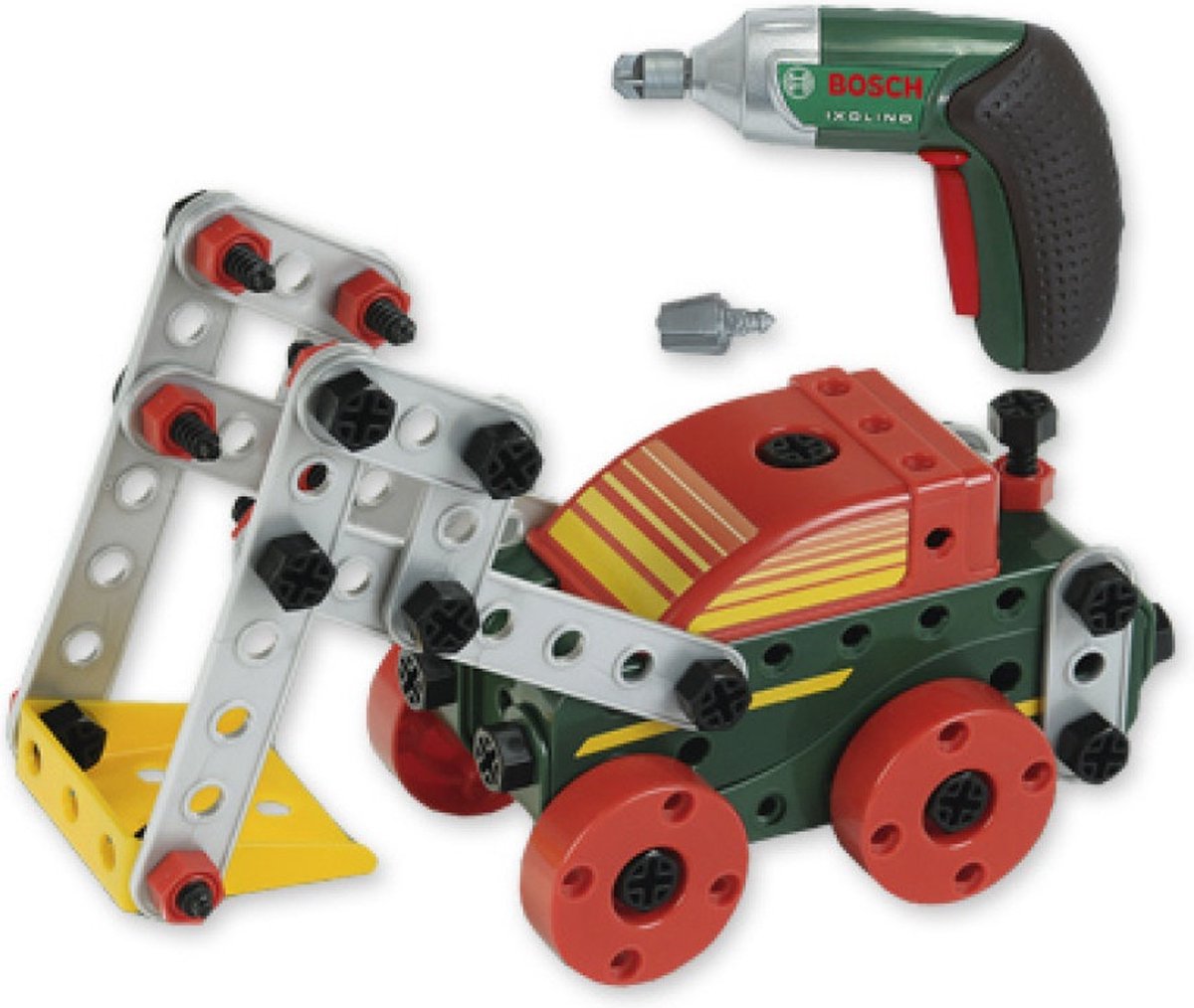 Klein legetøj Bosch Mini - Multitech Ixolino II byggesæt - 107 dele, skruetrækker, gaffelnøgle og akku skruetrækker - inkl. manual til 11 modeller - grøn rød gul