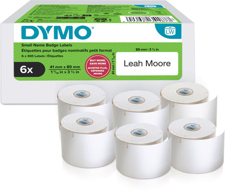 Dymo originale labelwriter små navneskilte | 41 mm x 89 mm | selvklæbende | 6 med 300 etiketter hver (1.800 selvklæbende etiketter) | til etiketskriveren etiketprintere | lavet i europa