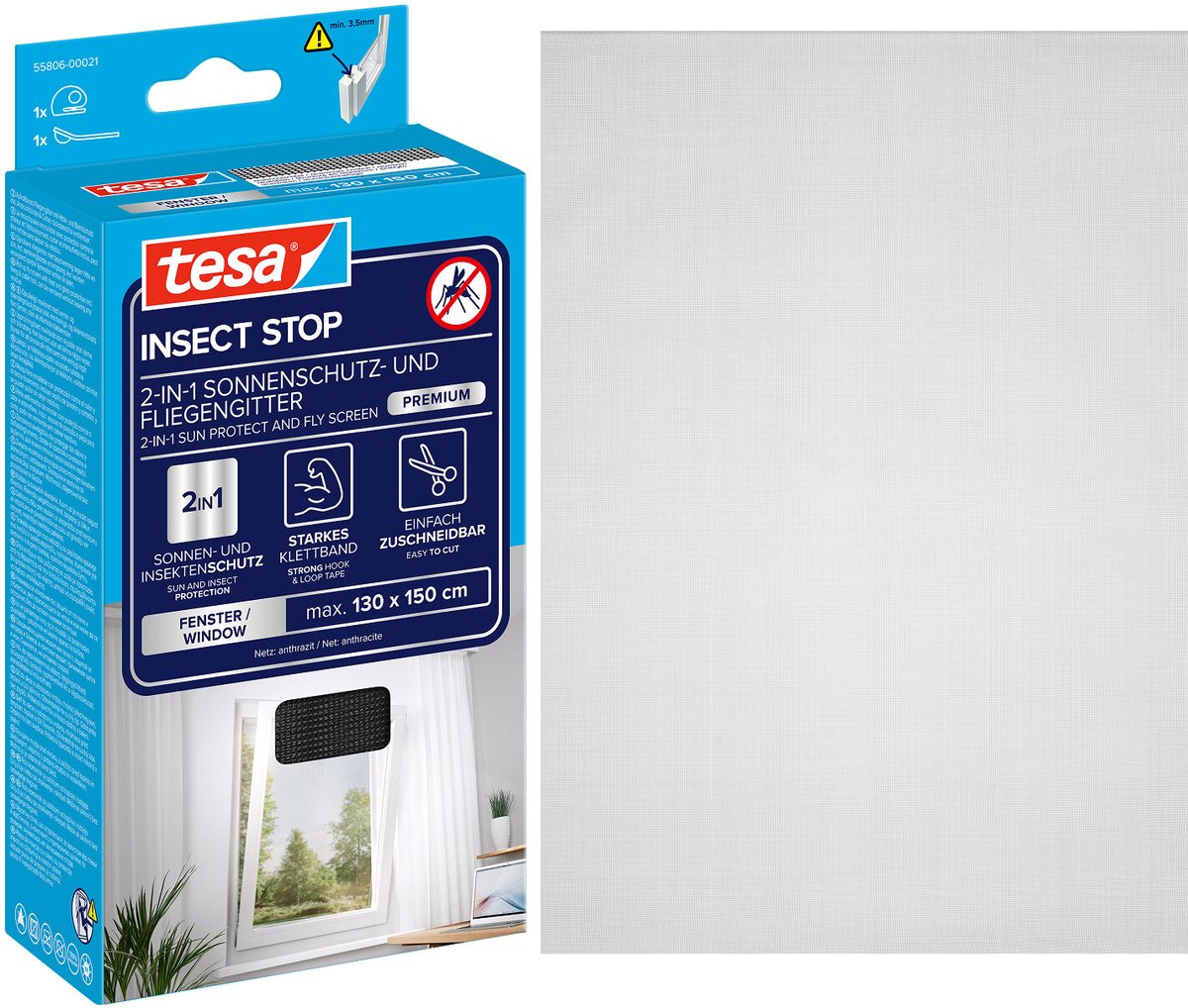 Tesa insektstop 2-i-1 solbeskytter og fluenet premium til vinduer - insektnet med solbeskyttelse, uden boring, antracit-metallisk - 130 x 150 cm