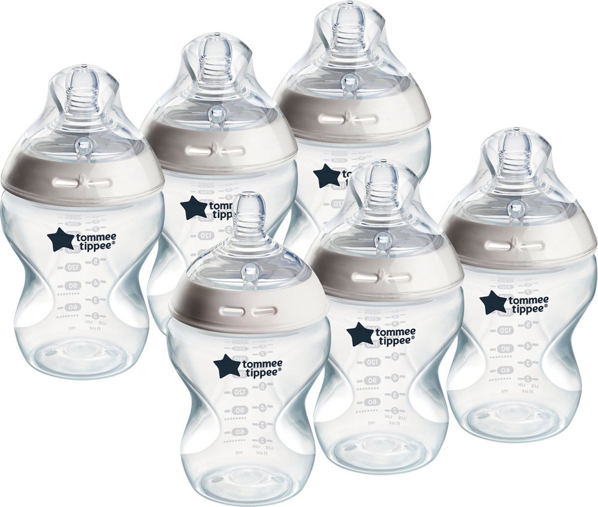 Tommee tippee naturlig start sutteflasker, 0m+, sutteflasker sæt med 6, 260 ml, brystformet sutte til naturligt sutte, lav flowhastighed, selvsteriliserende og BPA-fri, babyfodring.