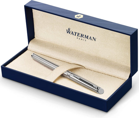 Waterman halvkugle fyldepen | rustfrit stål med kromkant | medium nib | blå blæk | gaveindpakning