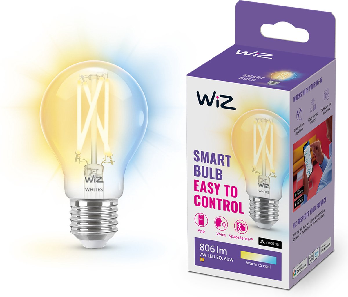 Wiz glødelampe - varmt til køligt hvidt lys - smart LED-belysning - E27 fitting - 60w - gennemsigtig - wi-fi