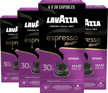 Lavazza espresso intenso kaffekopper - 120 nespresso kopper - kaffeblanding fra arabica robusta - intensitet: 11 13 - 4 x 30 aluminiumskapsler