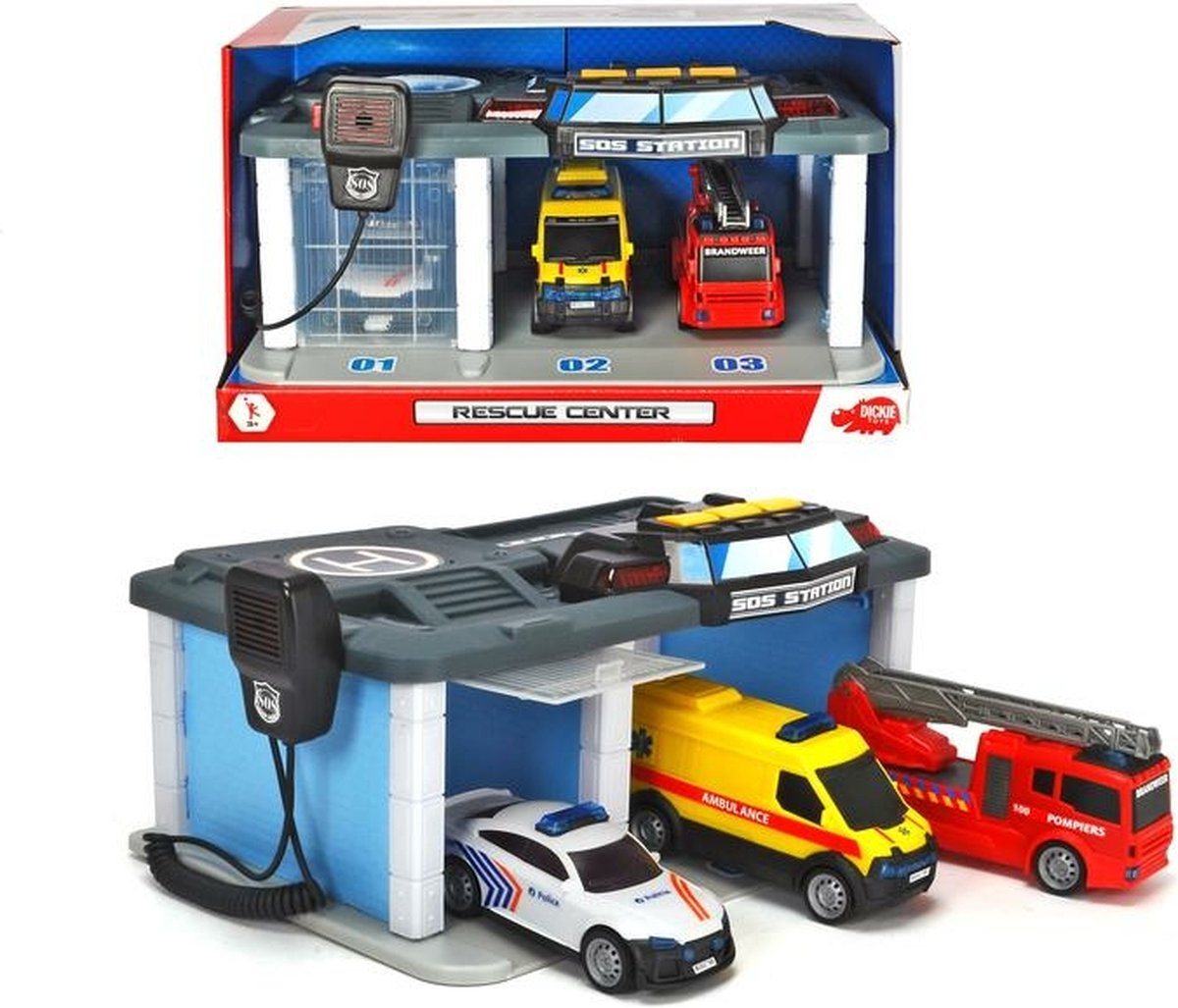 Dickie toys sos - redningscenter belgiske redningstjenester - politi - brandvæsen - ambulance - fra 3 år - legetøjsgarage