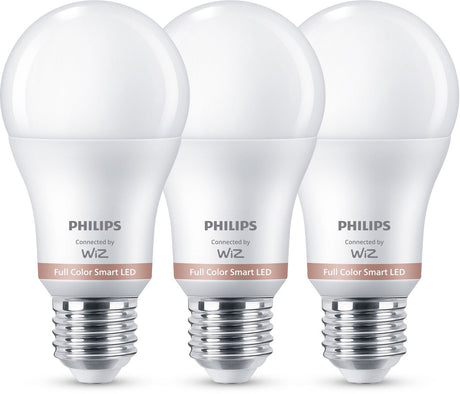 Philips smart lighting - led-lamp - e27 fitting - rgb - gekleurd en instelbaar wit licht - dimbaar - 3 pack - 60w - standaard lampvorm: a60 - wifi
