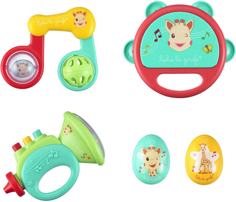 Sophie the giraffe mit første musiksæt – babymusikinstrumentsæt – tromme, maracas, trompetrangle – velegnet fra 6 måneder – musik og sanseudvikling