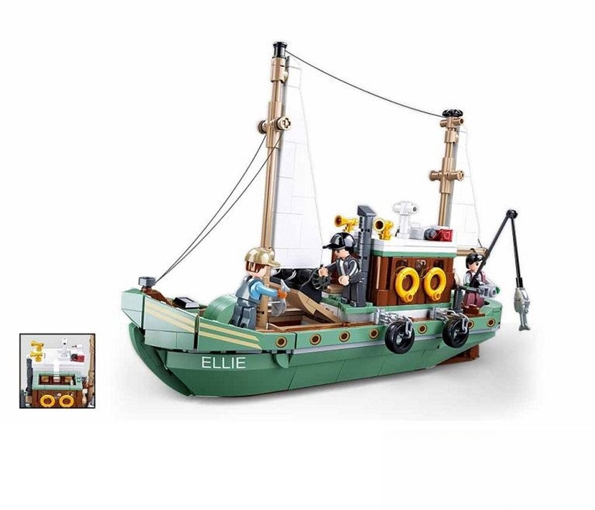 Sluban model mursten fiskerbåd Ellie byggelegetøj til børn fra 8 år - byggelegetøj model fiskebåd - byggekasse med 610 byggeklodser og 3 minifigurer - m38-b1119