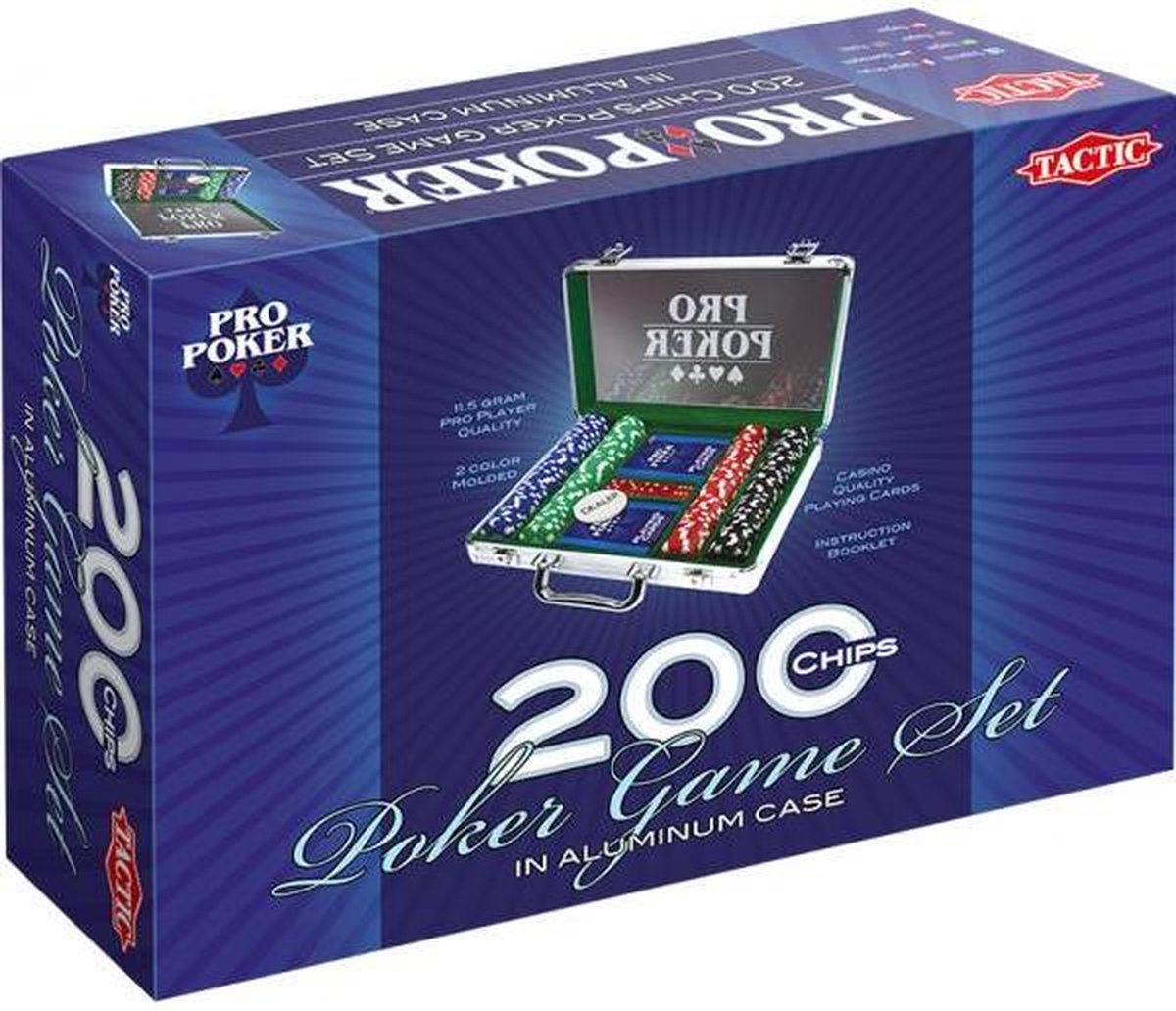 Tactic pro pokersæt - pokersæt - luksus etui i aluminium - 200 chips á 11,5 gram - inklusive kort, terninger og dealerknap - fra 14 år