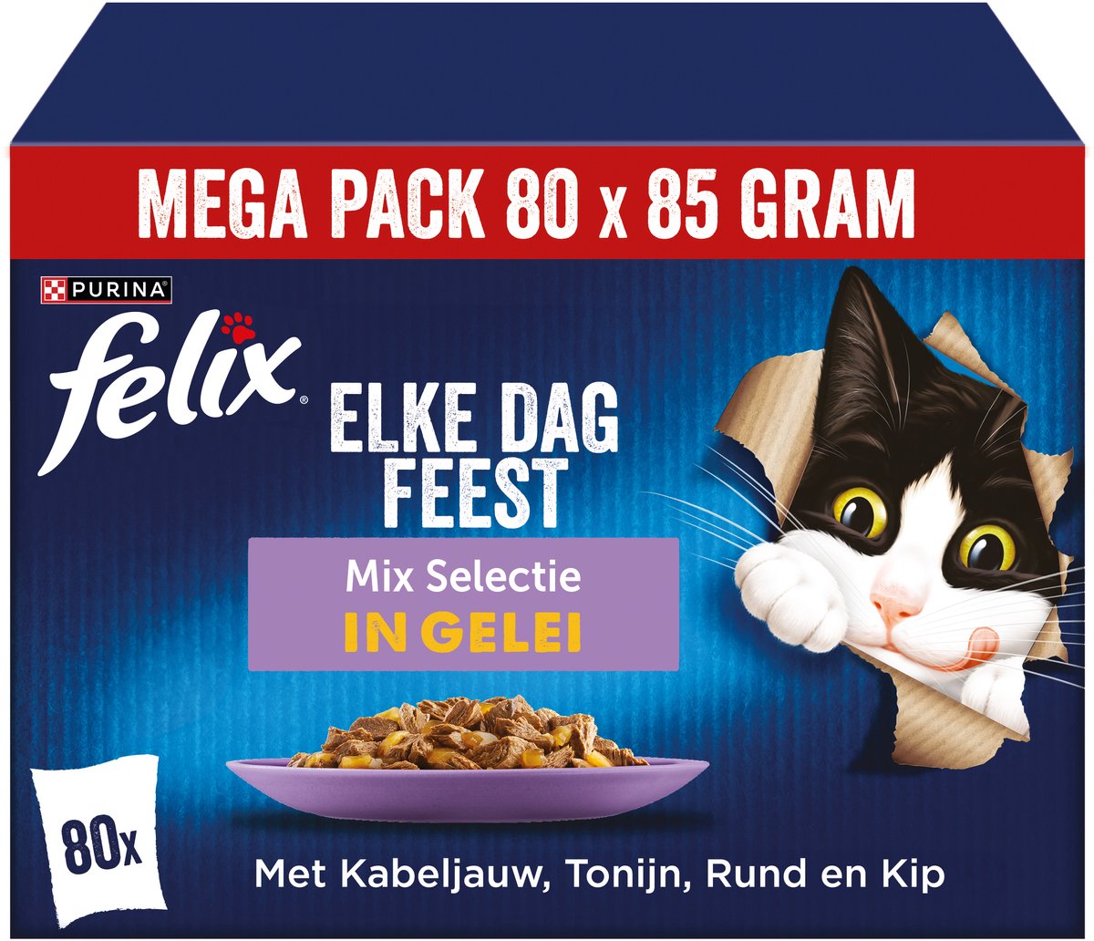 Felix hver dag fest blandet udvalg - våd kattefoder - torsk, laks, oksekød kylling - 80 x 85 g
