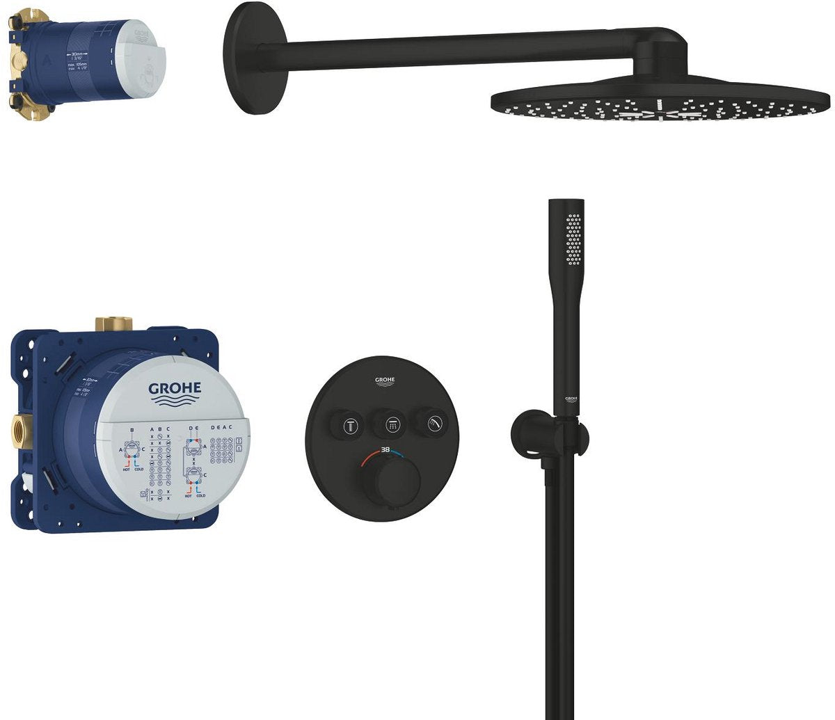 Grohe præcisions smartcontrol indbygget bruser - med termostathane - vitalio smartactive 310 hovedbruser (2 spraytyper) vitalio get stick håndbruser (1 spray type) - rundt design - mat sort