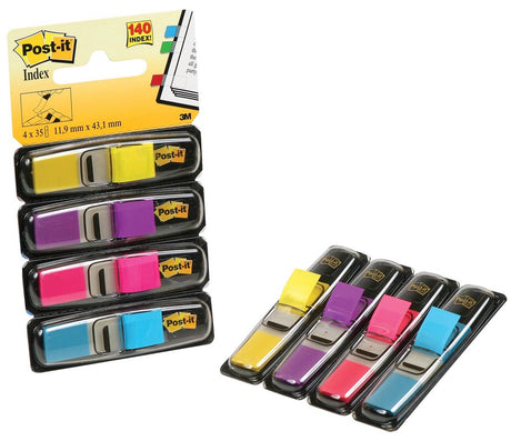 Post-it® indeks smal, standard dispenser, lys blå, gul, pink, lilla, 12 x 43 mm, 35 faner farve dispenser