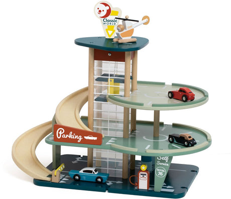 Klassisk vintage garagelegetøj i træ med biler og elevator, 11 stk.