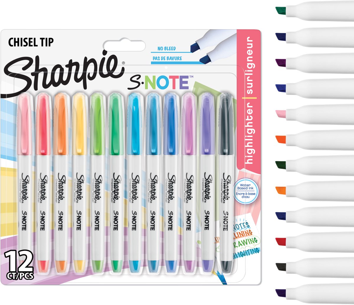 Sharpie s-note kreative farvemarkører | highlighter til skrivning, tegning og mere | forskellige pastelfarver | mejselspids | 12 stk