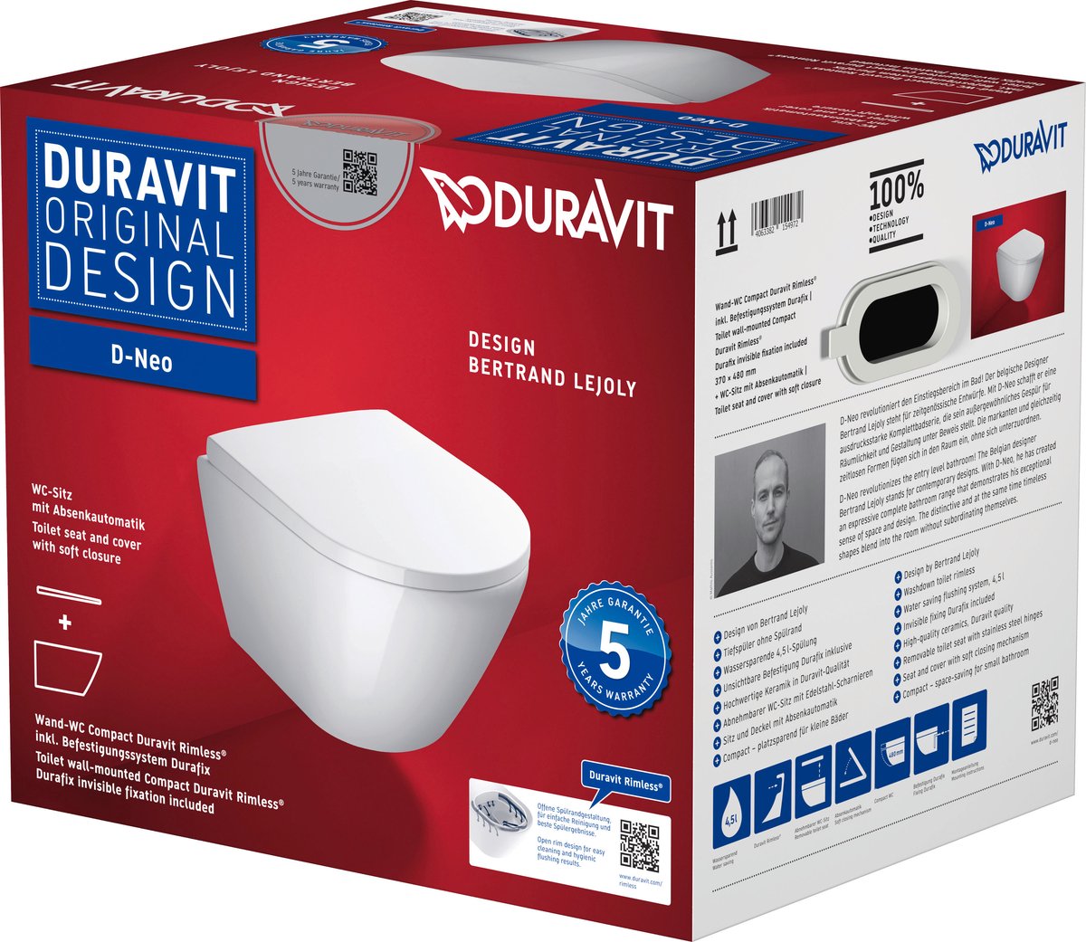 Duravit d-neo pack vægmonteret toilet med soft-close sæde 48cm hvid