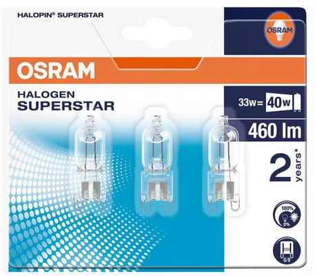 Osram eco halogen halopin g9 33w = 40w - 230v - 460 lumen - 2800k varm hvid - dæmpbar - 3 stk.