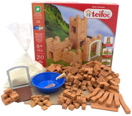 Teifoc ® byggekasse – slotsbyggesæt – 200 dele – ægte miniklodser med cement, skål og spartel – byggesæt til børn fra 6 år