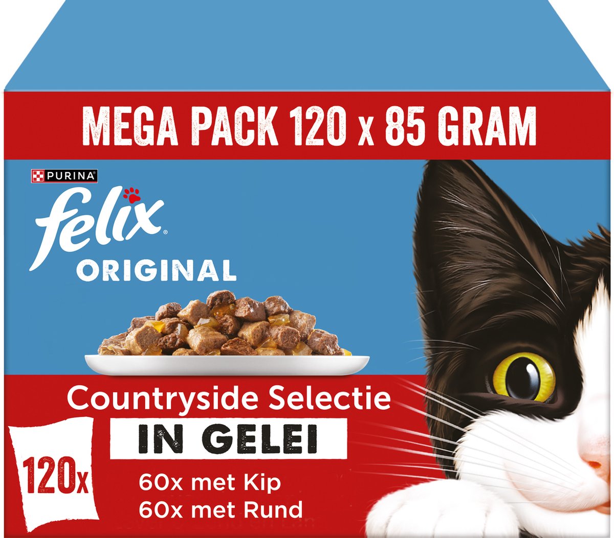 Felix original blandingsudvalg i gelé - landskabsudvalg - våd kattefoder - oksekødkylling - 120 x 85 g