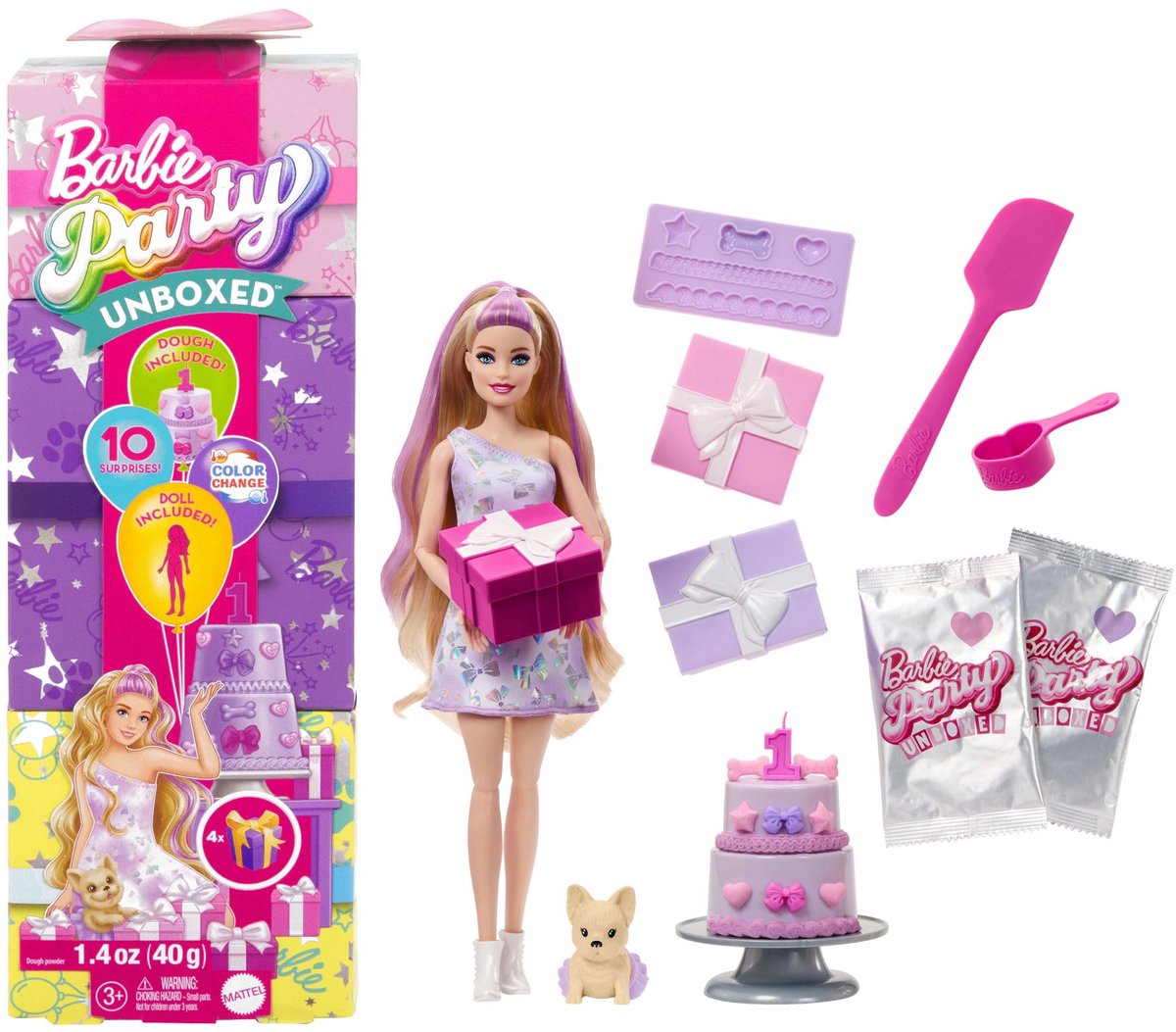 Barbie unboxing fest dyr fødselsdag - dukke med lilla highlights