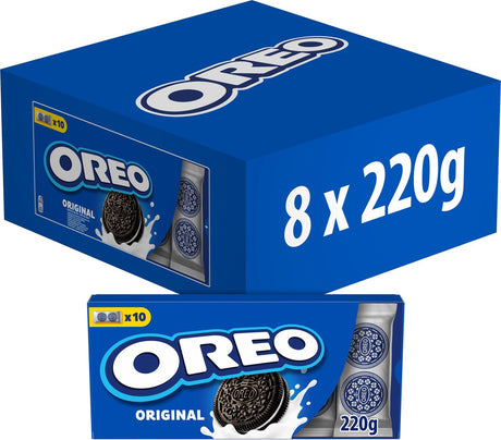 Oreo original cookies chokolade kakao med vaniljecreme fyld - æske 8 x 220g (10 x 22g) - chokolade cookies - småkage på farten - familie emballage - stor emballage